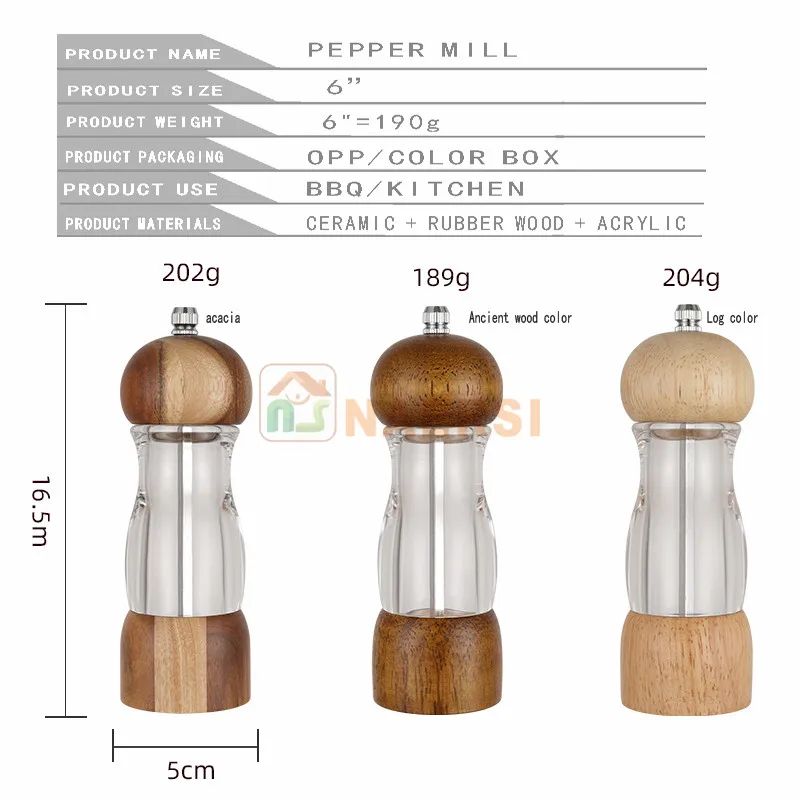 Factory Price  kitchen supplies wooden manual pepper grinder spice mill salt and pepper grinder set pepper mill for kitchen