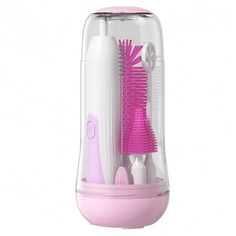 Portable Silicone Baby Bottle Cleaning Brush Set Eco-Friendly Electric Long Hand-Design Travel Brush with Drying Base