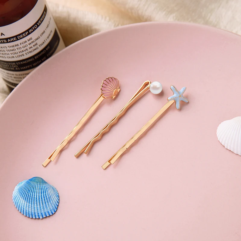 t04340 3 Pcs/Set Vacation Jewelry Gold Plated Pearl Shell Starfish Pink Blue Enamel Girls Korean Hair Pins Accessories