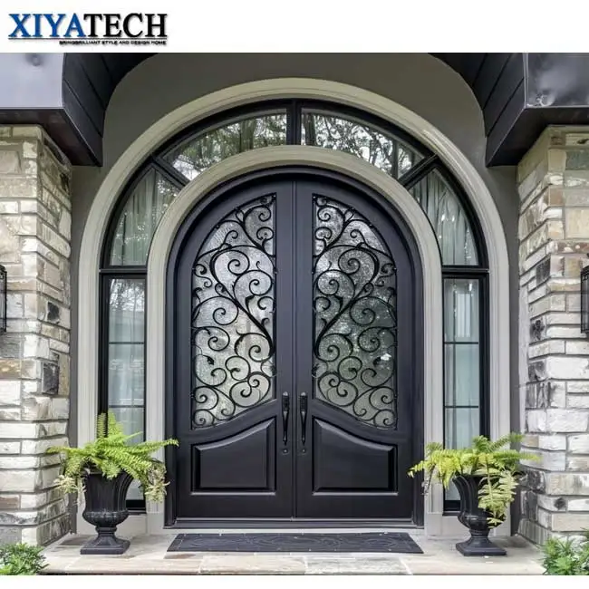 XIYATECH Double Iron Door Security Metal Door Glass Entry Wrought Iron Doors Exterior House