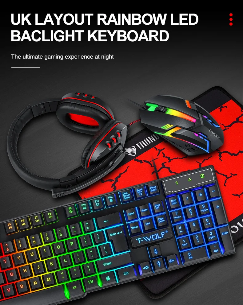 All in 1 Wired RGB Backlit laptop Usage PC colored ergonomic OEM Office Headphone commputer Gaming set and Mouse Keyboard Combo