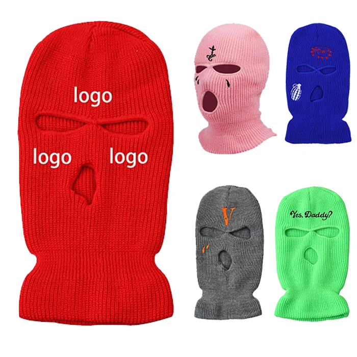 Custom Embroidery Logo Balaclava Skimask Winter Full Face Cover Knitted Balaclava Cap Men Women 3 Hole Balaclava