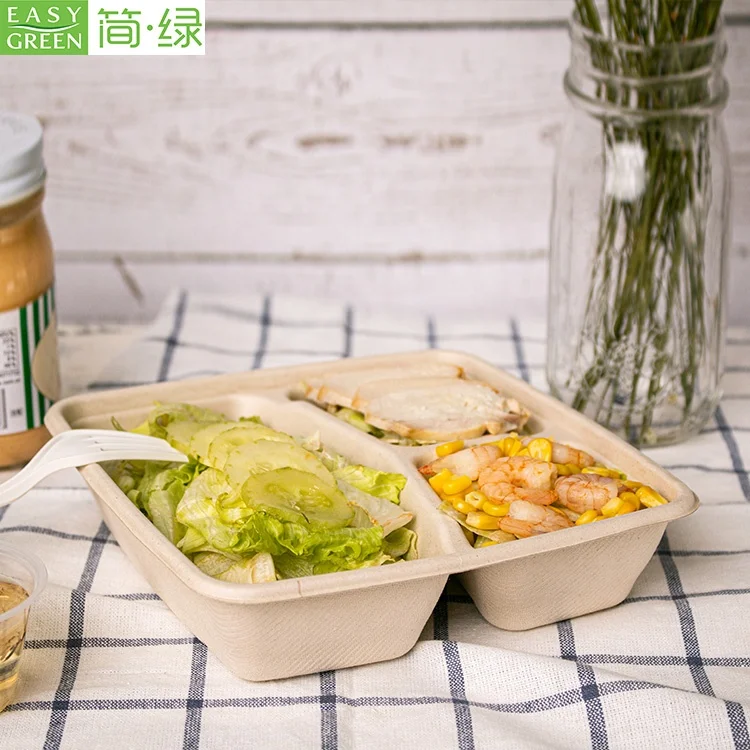 Биоразлагаемые одноразовые food grade 100% экологичен 3 отсек багасса пульпы ресторан на вынос контейнер для пищевых