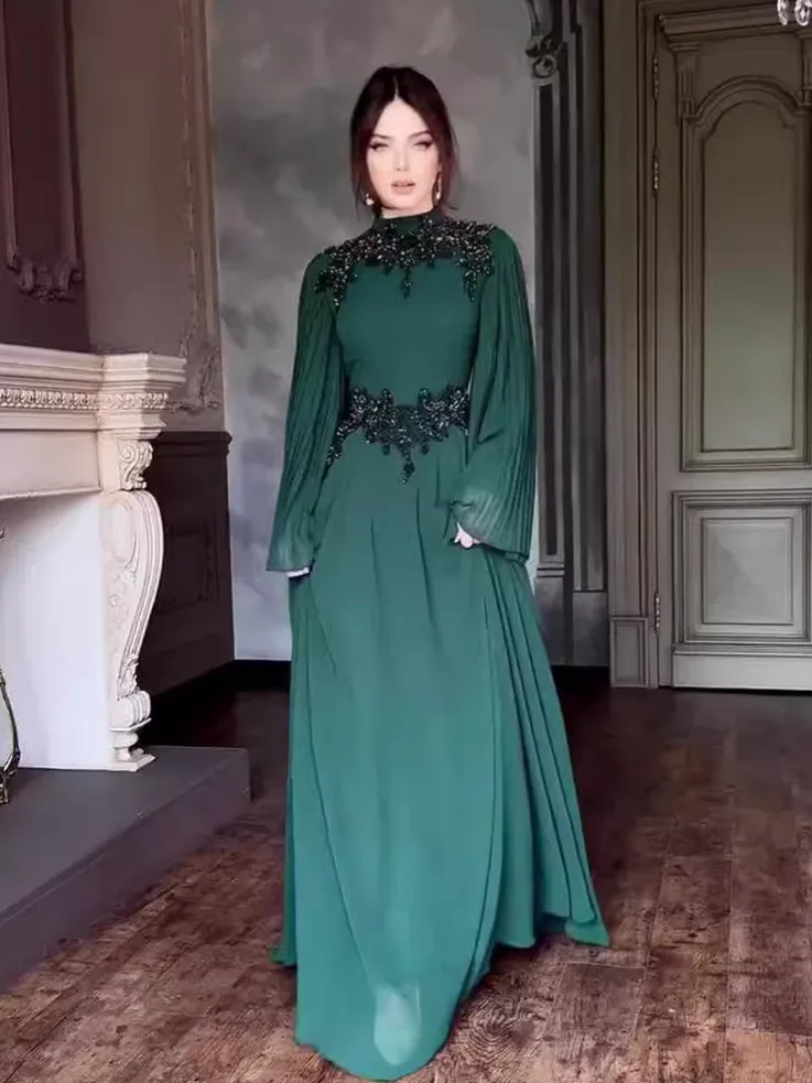 2024 New Fashionable European and American Foreign Trade Dress with Folded Long Sleeve Temperament High Waist Dress for Women