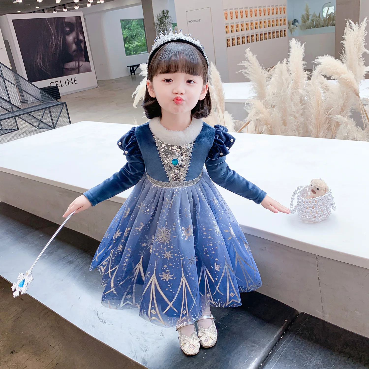 Baige Good Quality Velvet Sleeves Elsa Anna 2 Princess Dress Girls Party Dress With Removable cloak Movie characters For Winter