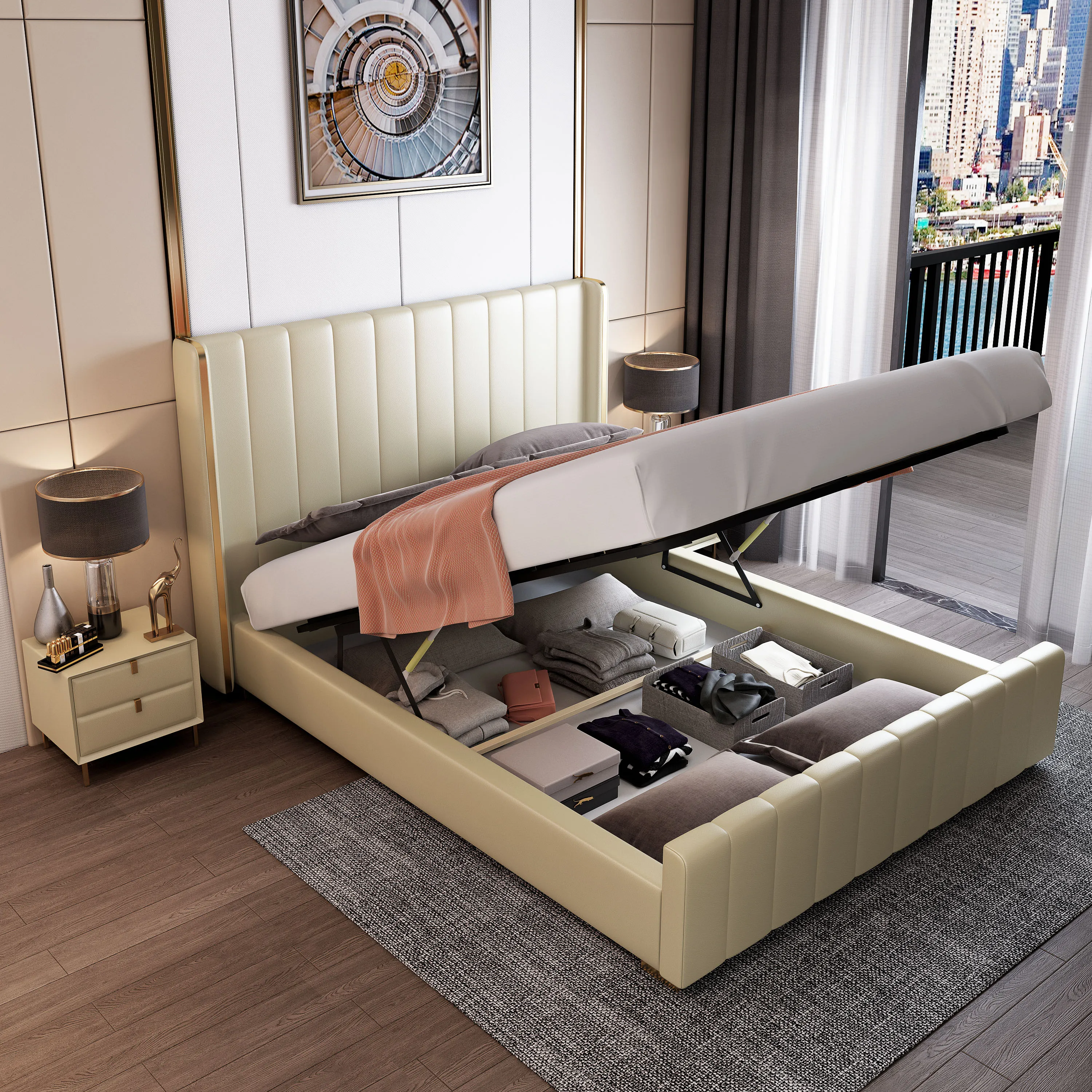 Hot Sale Factory Price Box Bed Wood Nordic Genuine Leather Beds Luxury Modern Beds With Storage