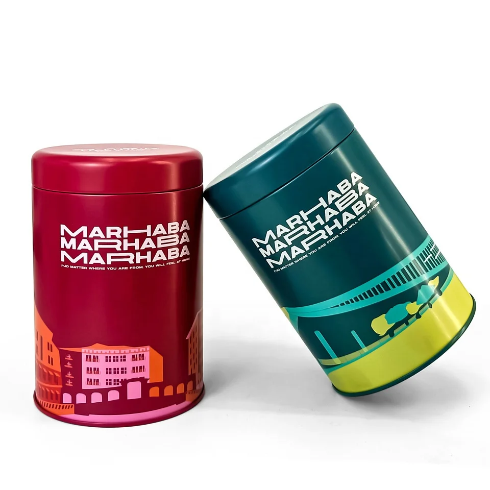 Wholesale embossing food grade empty luxury decorated tea tin coffee tea tin box packaging airtight black round loose tea tin