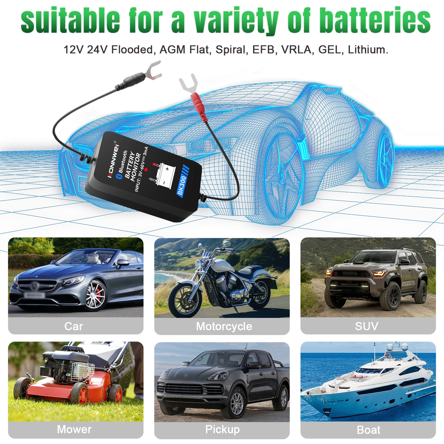 Smart  konnwei  BK300 BKmonitor Mobile APP 6V 12V 24V  Multifunctional Bluetooth Car Battery Monitor