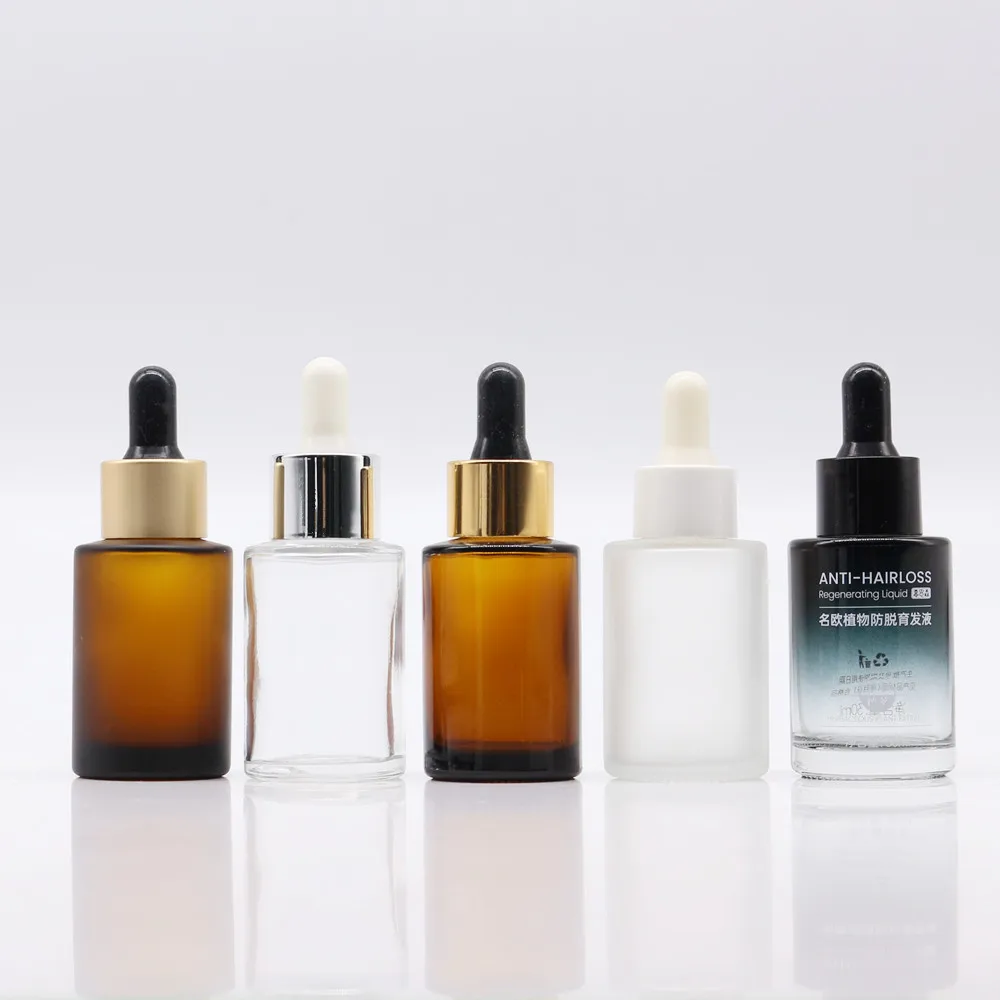 Оптовая продажа 30 мл плоская стеклянная бутылка-капельница Прозрачная Матовая бутылка-капельница для сыворотки бутылки с эфирным маслом