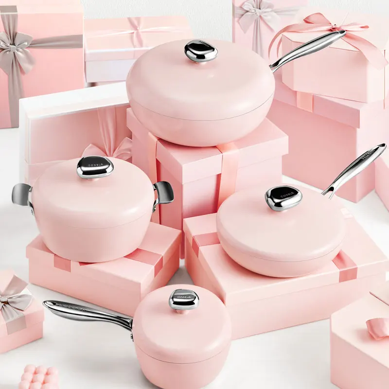 Velosan Nordic Style Kitchenware Original Design Pink Pan Sets 4 Pieces Cookware Set