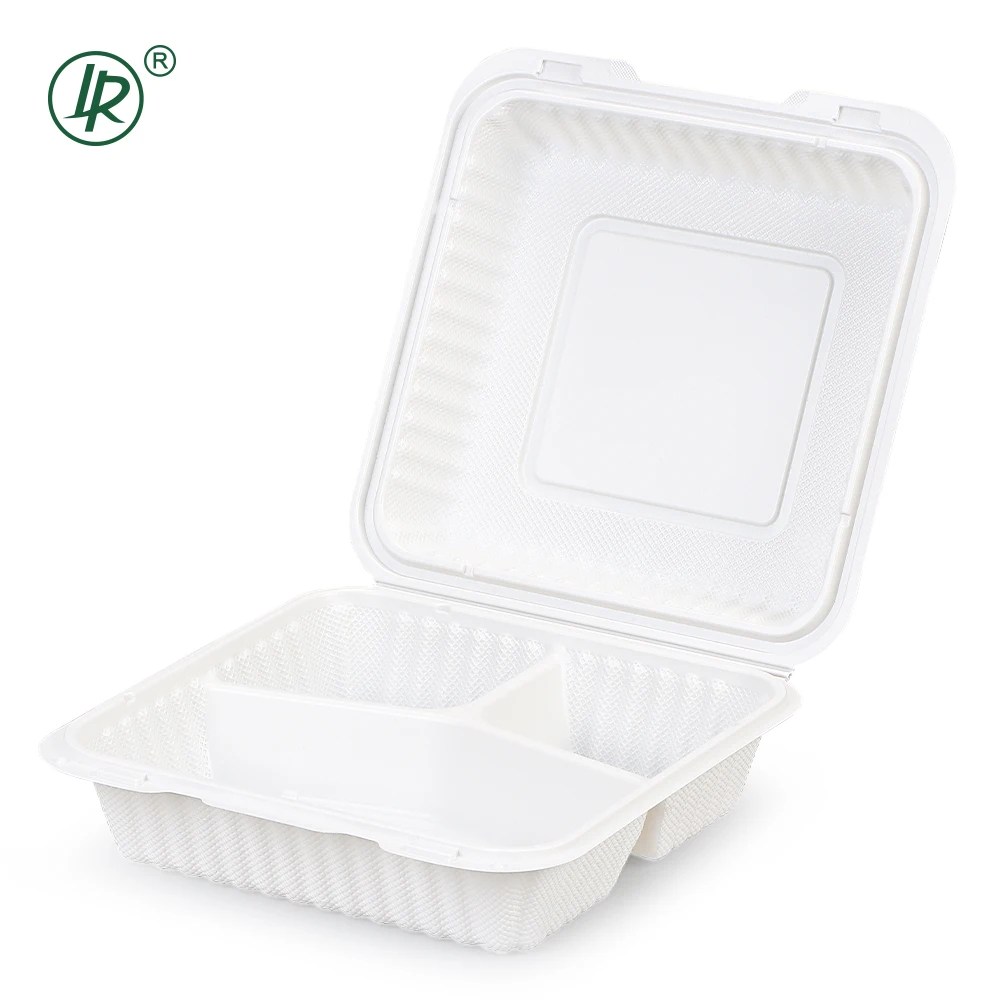 biodegradable 3 compartment hinged lid disposable meal lunch box,disposable clamshell take away lunch food packaging boxes