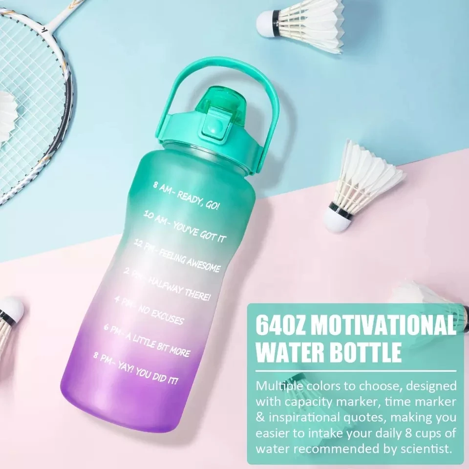 Tritan BPA Free Water Jug 64oz Motivational Plastic Gallon Water Bottle With Time Marker Straw for Fitness Gym Sports