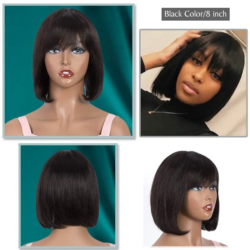 Ombre Color Short Bob Wigs With Bangs Brazilian Remy Hair Straight Human Hair Wigs With Bangs For Black Women Human Hair Wigs