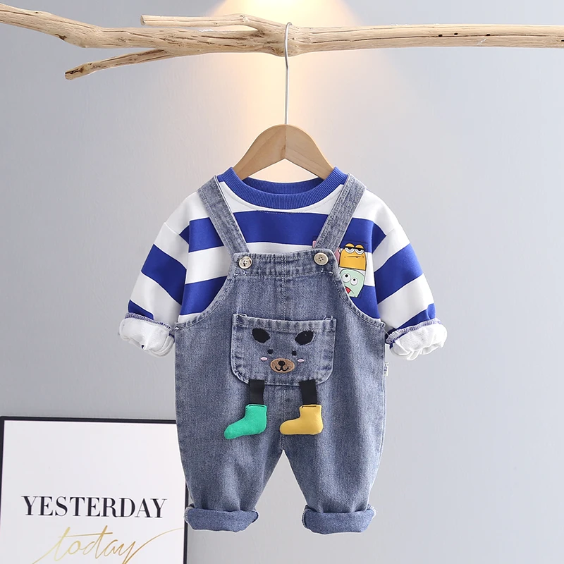 Toddler Kid Boy Girl 2Pcs Clothes Cute T Shirt Long Sleeve Top Suspender Short Jeans Pants