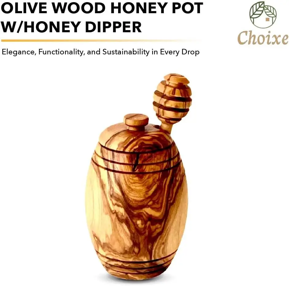 Choixe. Olive Wood Honey Pot with Honey Dipper. Authentic Mediterranean Olive Wood. Handcrafted