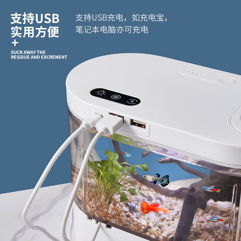 Mini Fish Tank with Filter and LED Light Aquarium Tropical Freshwater Phone & Pad Holder Hydroponic Plants Basket for Office