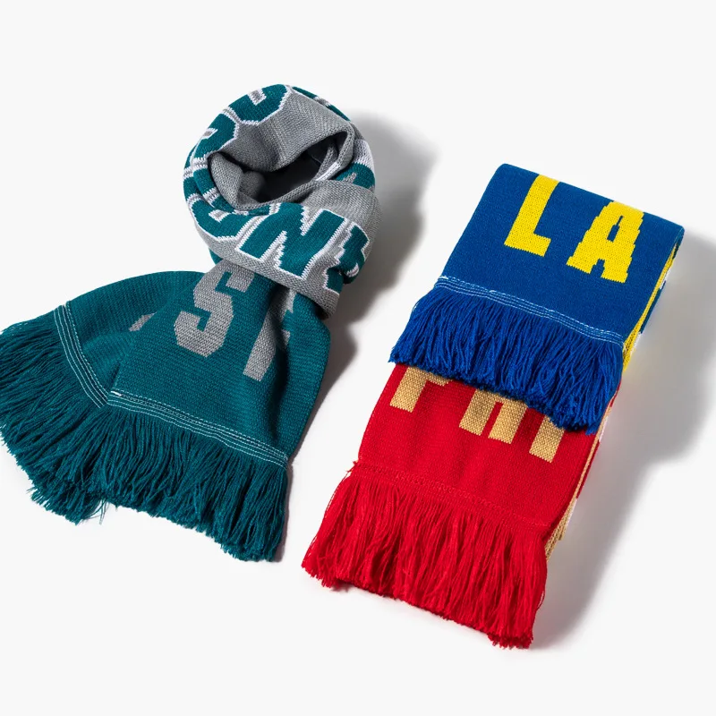 Custom Slogan Wholesale Jacquard Knitted Scarf With Tassel Club Fan Football Scarf
