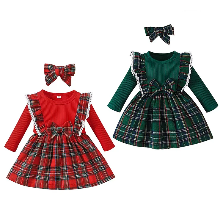 Рождественское детское платье с круглым вырезом модная клетчатая юбка А-силуэта вышивкой для девочек