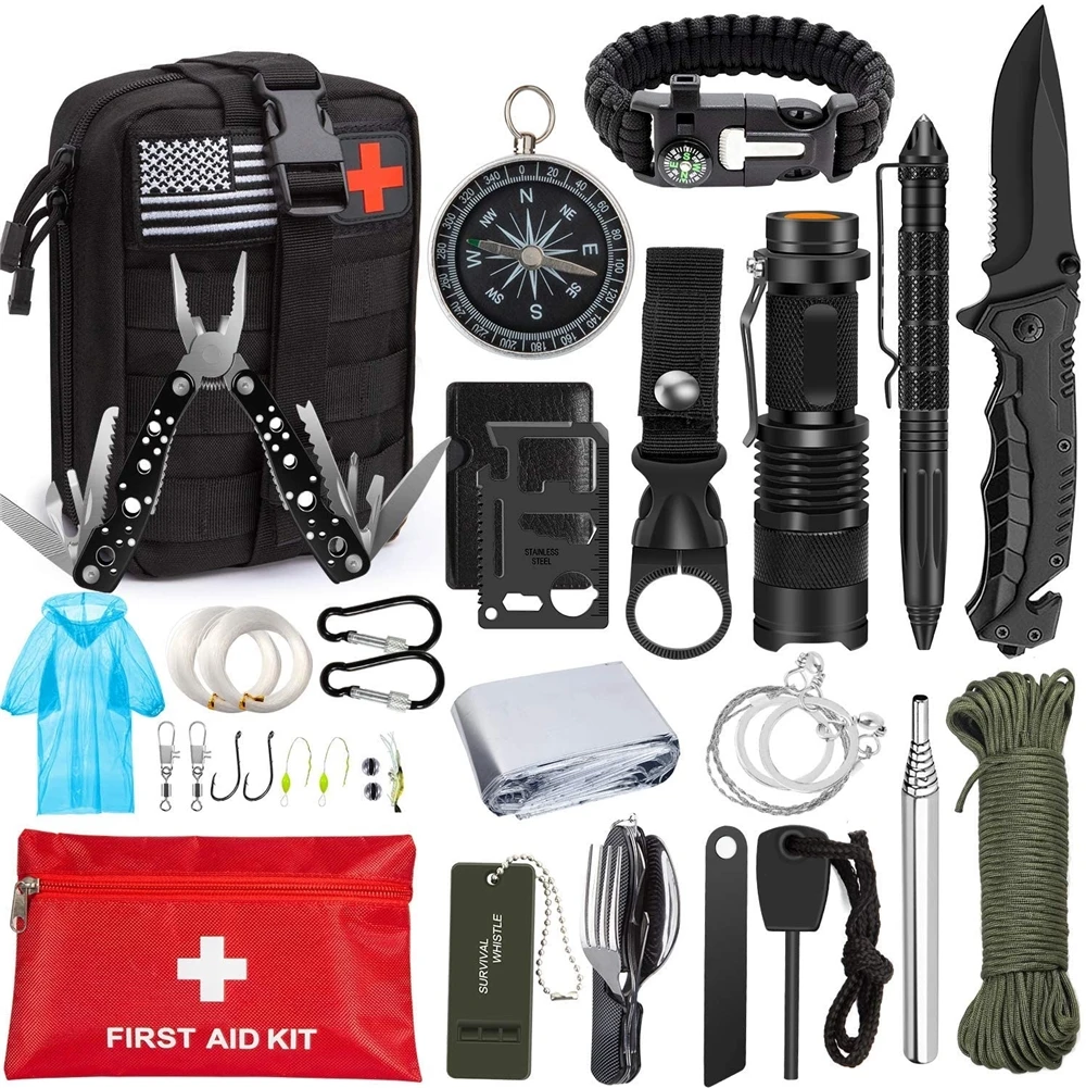 Emergency Survival Kit 47 in 1 Professional Survival Gear Tool First Aid Kit SOS Emergency Tactical Flashlight Knife Pliers Pen