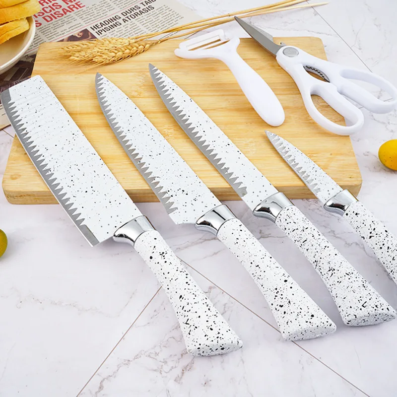 6Pcs Multifunctional Stainless Steel Kitchen Knife Set White Black PP Handle Cleaver Chef  Knives With Ceramic Peeler