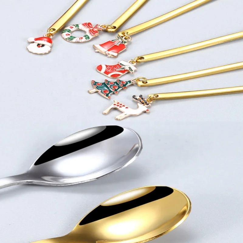 New Colorful Christmas golden spoon stainless steel cutlery set Coffee dessert spoon small spoon With Pendant
