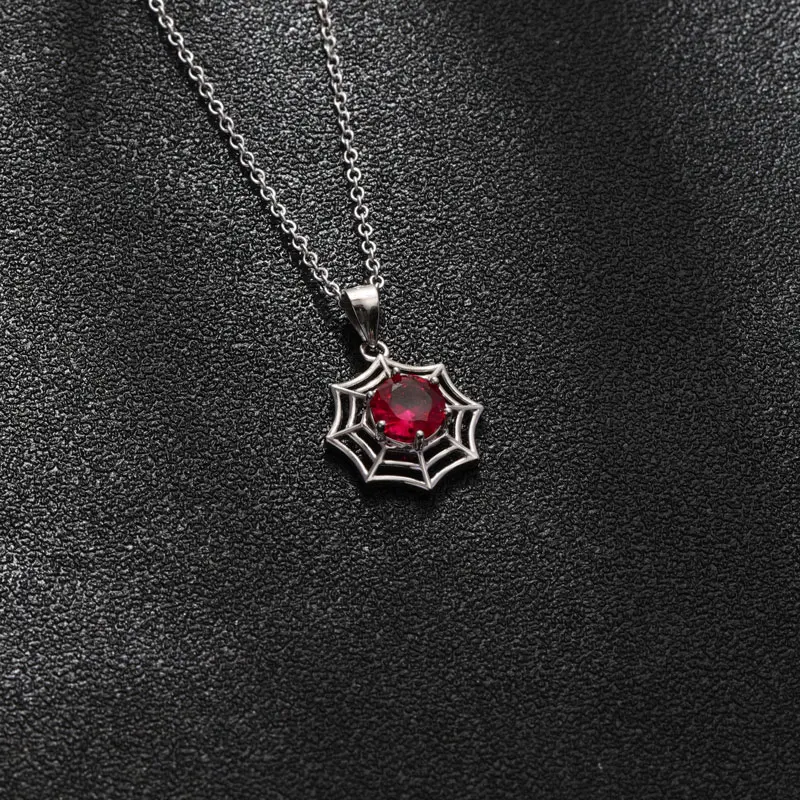 Keiyue Ruby Zircon Necklace Spider Web Personality Design 925 Sterling Silver Necklace For Women