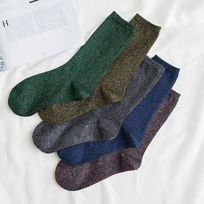 Popular Spring Autumn Ladies Socks Chic Fashion Women Metallic Socks Shimmer Glitter Shiny Yarn Woven Women Gold Silver Socks