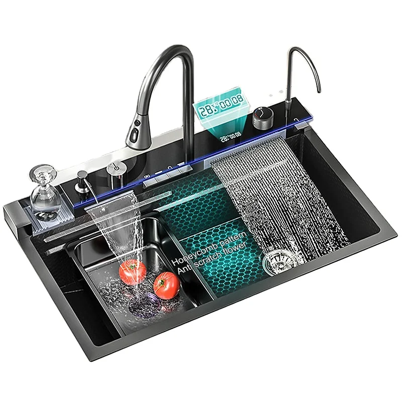 Large Single Slot Multifunction Sink Anti-Scratch LED Digital Display Waterfall Kitchen Sink With Cup Washer and soap dispenser