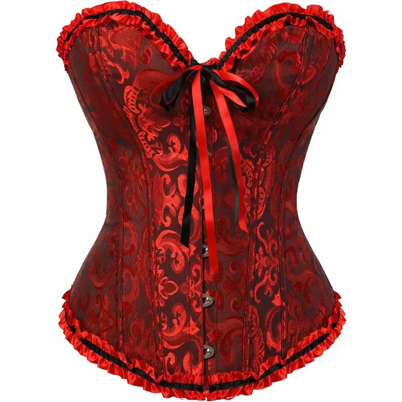 Women Bustier Corsets Overbust Lingerie Vintage Victorian Fashion Corselet Top Sexy Erotic Zip Floral Lace Plus Size Luxury 2PCS