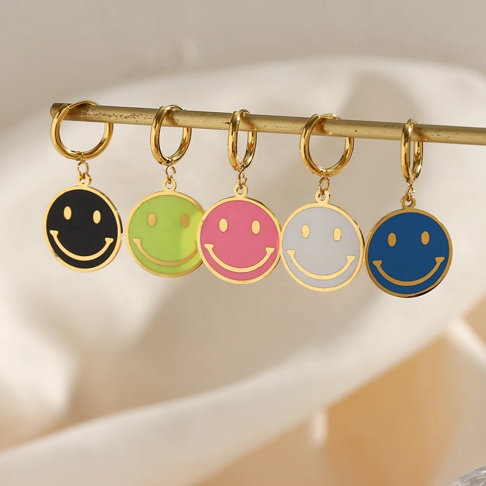  Colorful Fashion Enamel Earrings Stainless Steel Green Pink Black Smile Face
