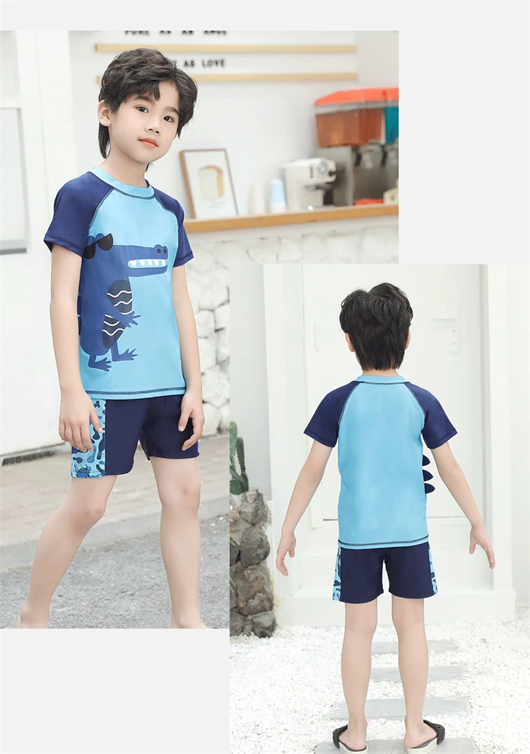 Shark Crocodile Print Boys Swimsuit Swim Trunks Swimming Cap Baby Kids Swim Wear Set