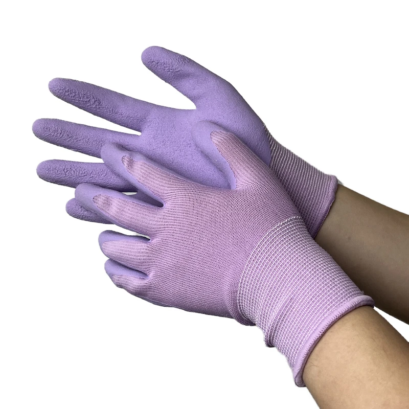 Breathable Ultra-thin Flexible 13G purple polyester liner, purple foam latex palm coated gloves Glove For Work And Handling