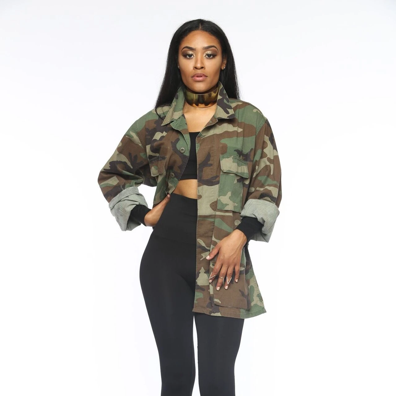 Ladies Large size outfit 2023 Newest fashion Autumn Long camouflage jacket for women