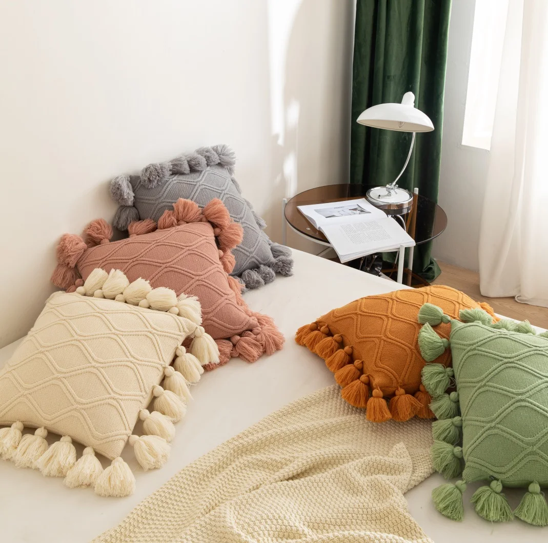 Moroccan Tassel Cushion Cover Cushion Cover Jacquard Knitted Pillow Covers