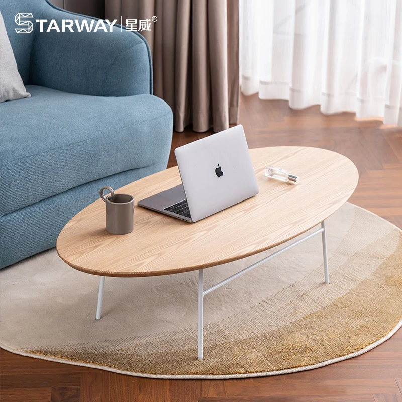 Wholesale Nordic Minimalist Wood Table Top And Metal Legs Round Side Table Oval Coffee Table Living Room Furniture TT-S033(L)