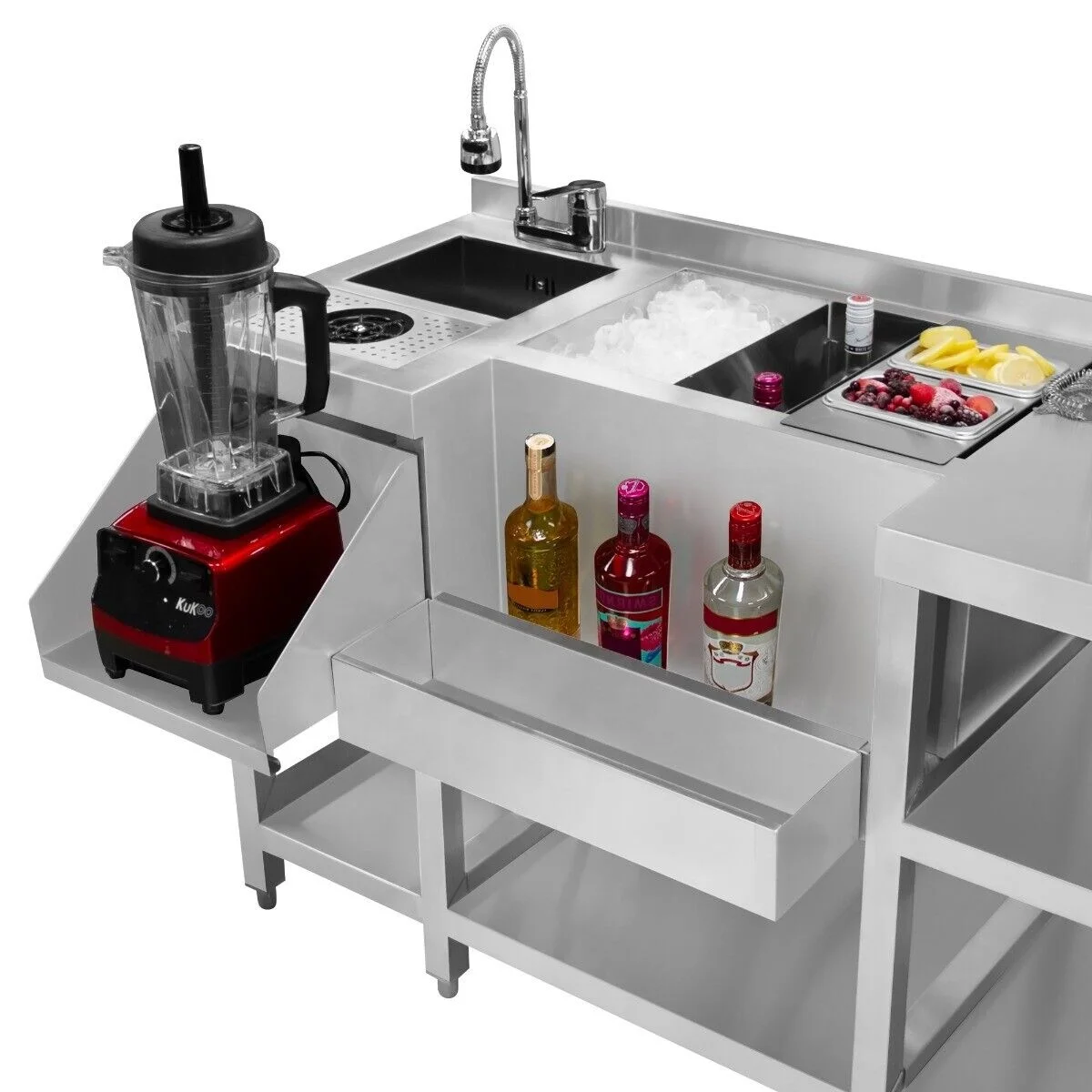 Combination Cocktail Bar Station With Blender Platform Insulated Ice Bin And Glass Rinser