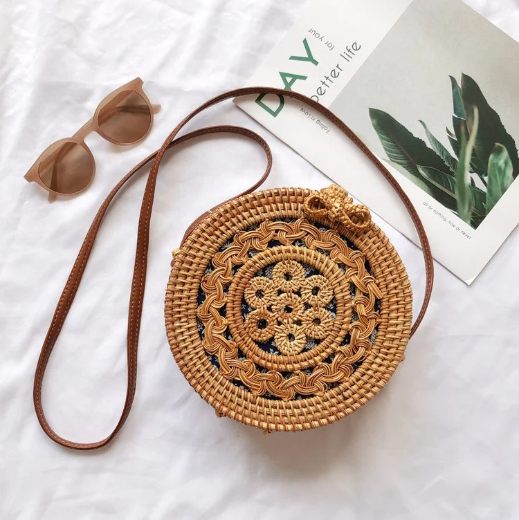 Purse Hobo Mini Rattan Handmade Hollow Out Flowers Round Vintage Rattan Straw Bags