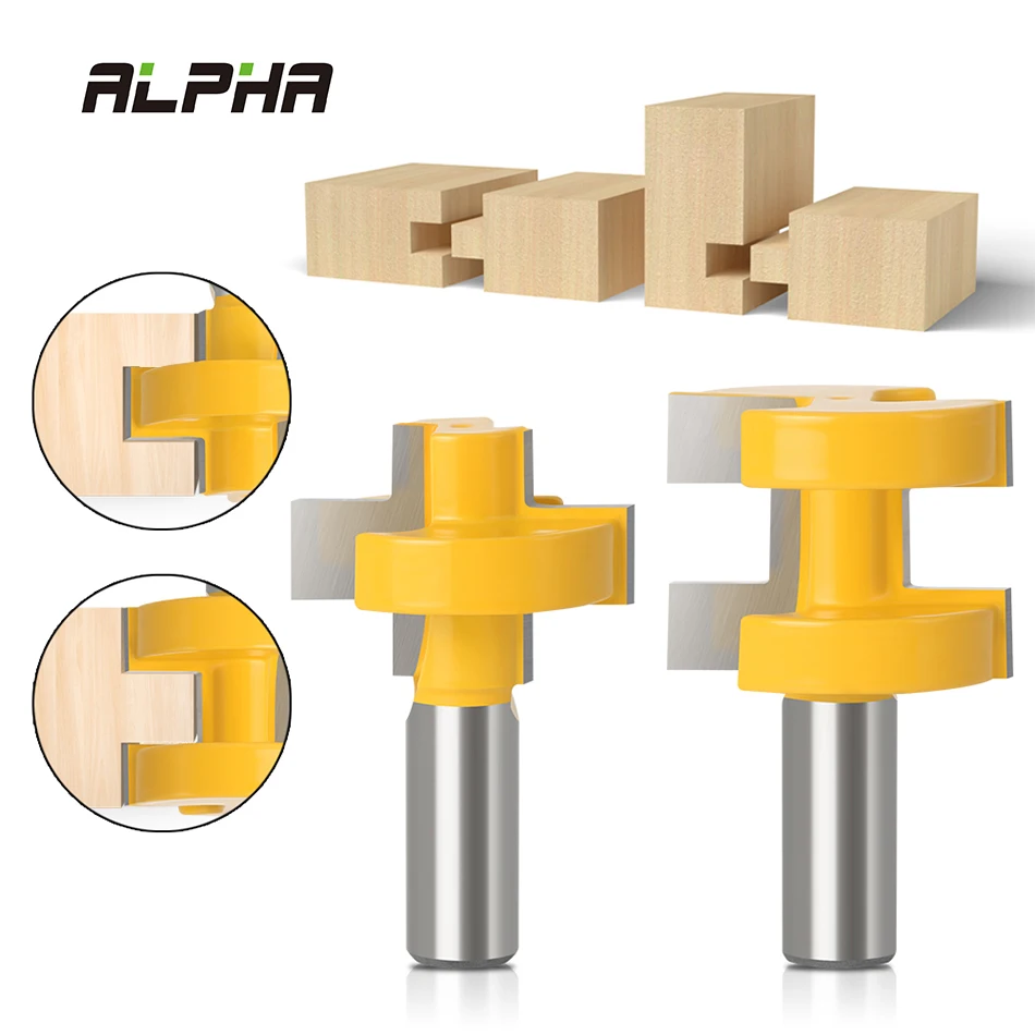 ALPHA 2pc 1/2' 12mm Shank T-Slot Square Tooth Tenon Milling Cutter  High Quality Large Tongue & Groove Joint Router Bit Set