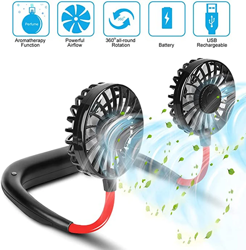 Hands Free Portable  Neck Fan Hanging Rechargeable Mini Sports Fan 3-Speed Adjustable Neck Dual Fan Home Office