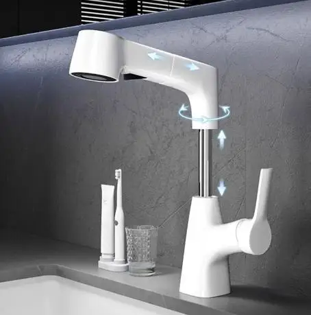 Brass adjustable height pull out double functions white artistic hot and cold basin faucet