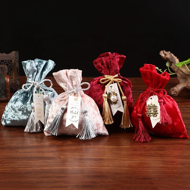 11cm*14cm Red Pink Tassel Velvet Bag Drawstring Candy Pouch Packing Bags Wedding Bag