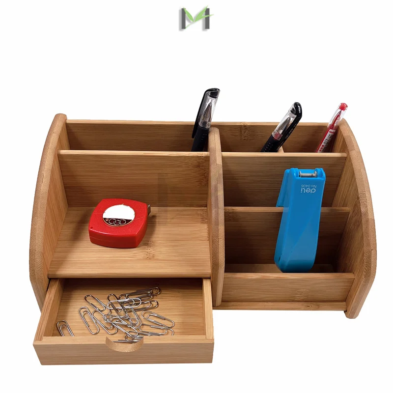Bamboo Desk Organizers, Pencil Holder, Wood Tabletop Stand, Box Organization with Drawer For File, Pen, Office Supplies