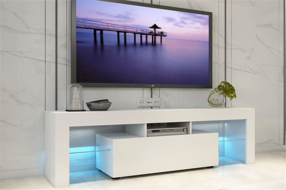 
200CM TV Stand Cabinet LED Light High Gloss with Storage Cupboards & Glass Shelf Living Room Furniture 