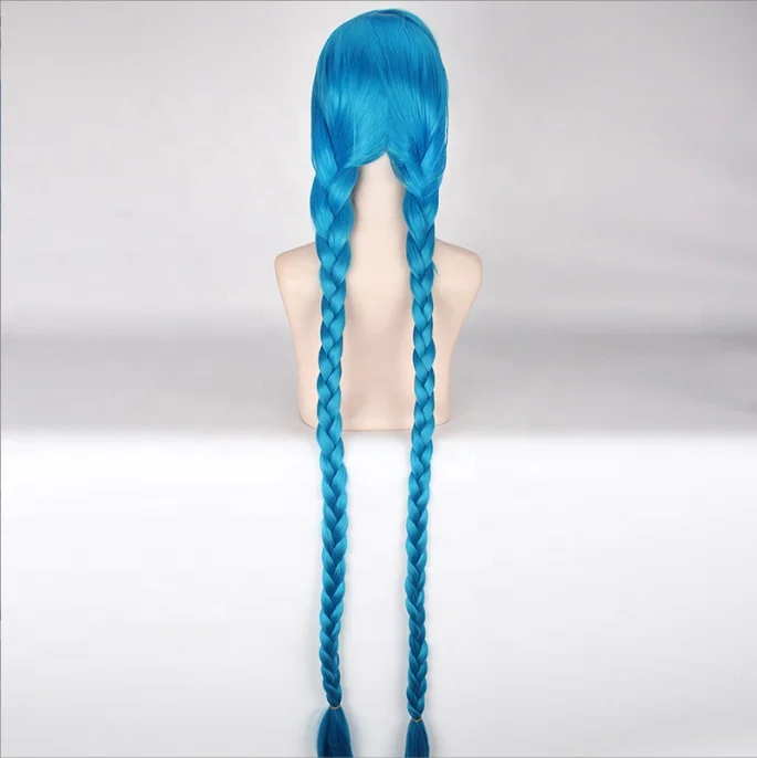 High Quality Long Straight Blue Double Braided Wigs LOL League of Legends Game Jinx Cosplay Wig Synthetic Anime Hair Wigs
