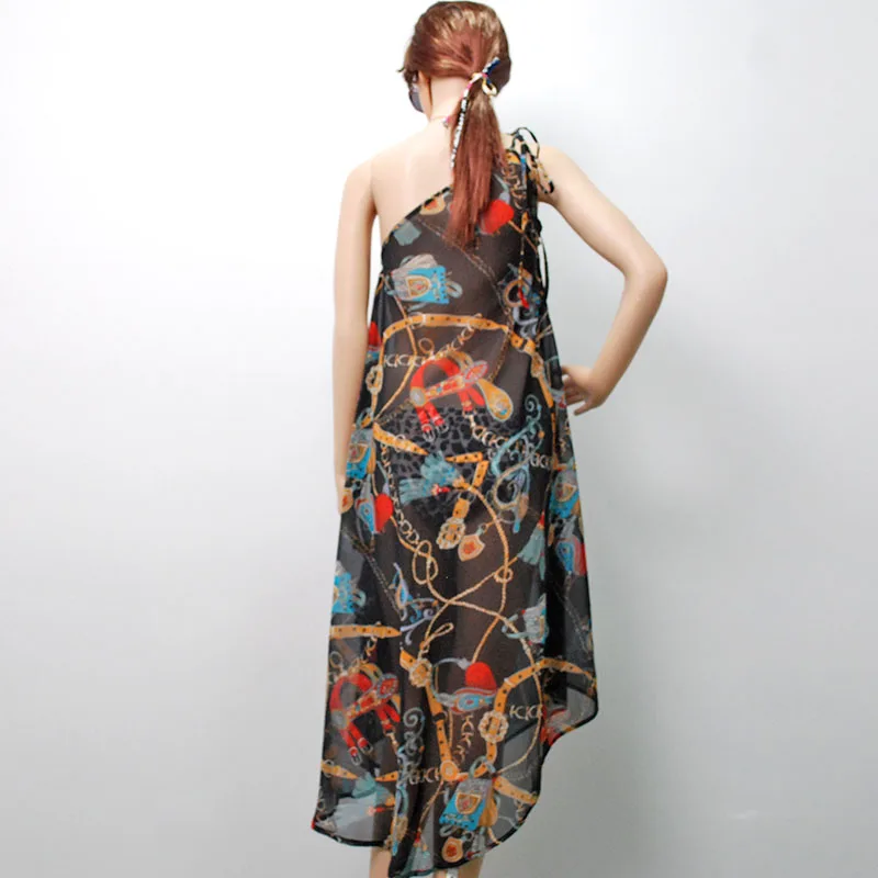 Summer Chiffon Sling Slanted Casual Holiday Lady Beach Printed Women Casual Dresses Ladies Sleeveless Beach Dresses For Ladies