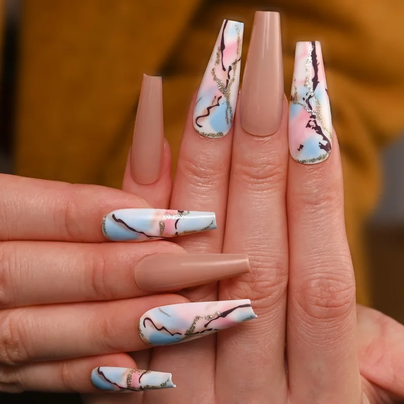 Loved by Europe and United States artificial nails finished false long marbled nail patches press on nails