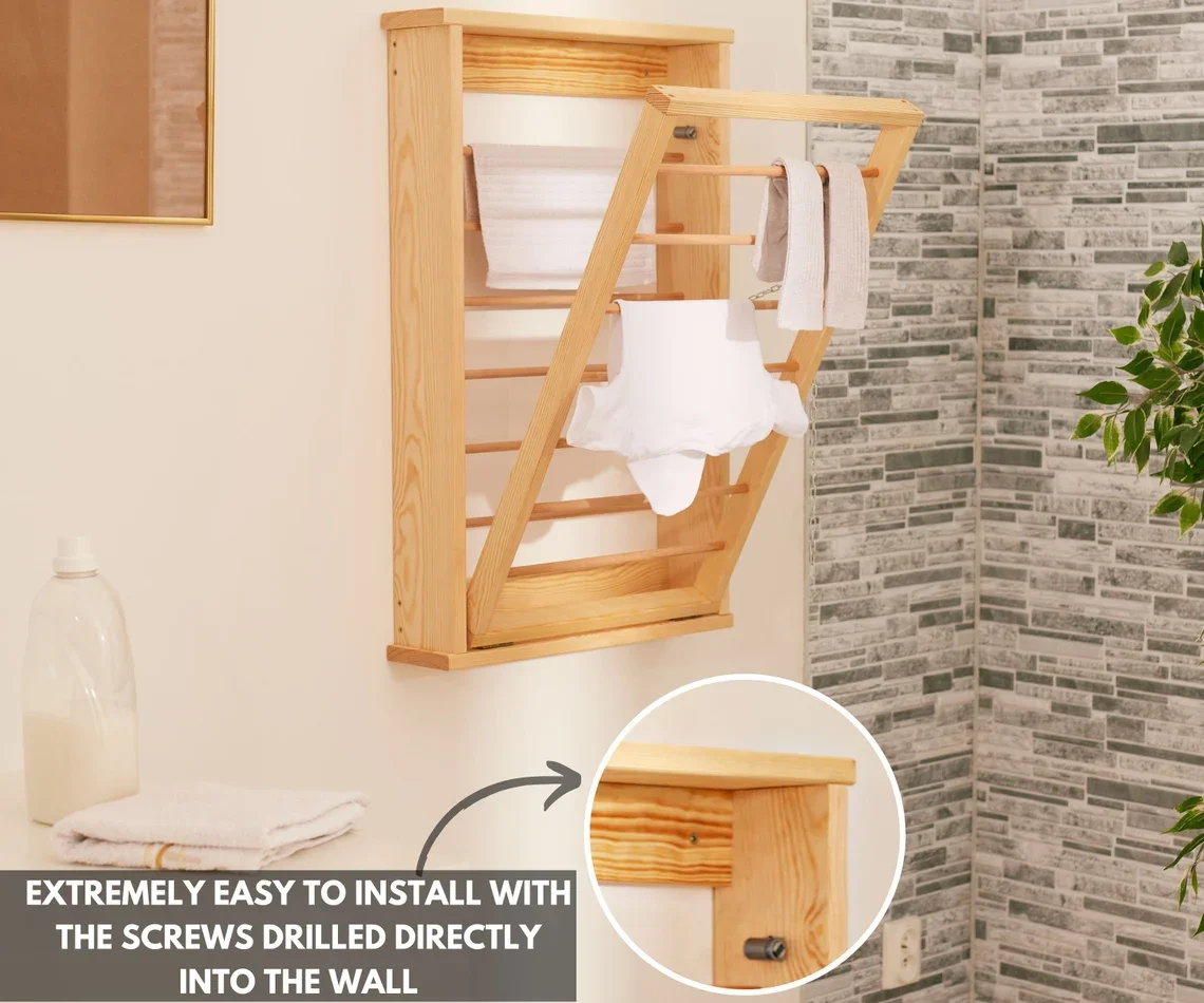 Indoor Wall Mounted Clothes Airer Wooden Drying Rack with Double Side Bars for Laundry Space Saving