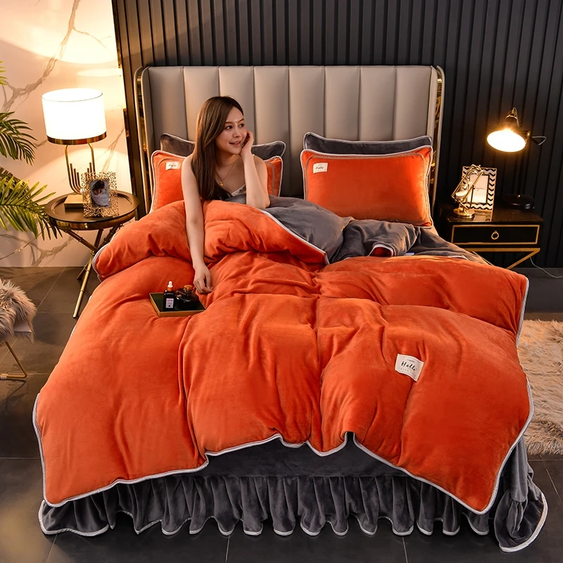 Winter warm thick solid color flannel velvet  four-piece bedding duvet cover bed skirt sheet bed cover sets