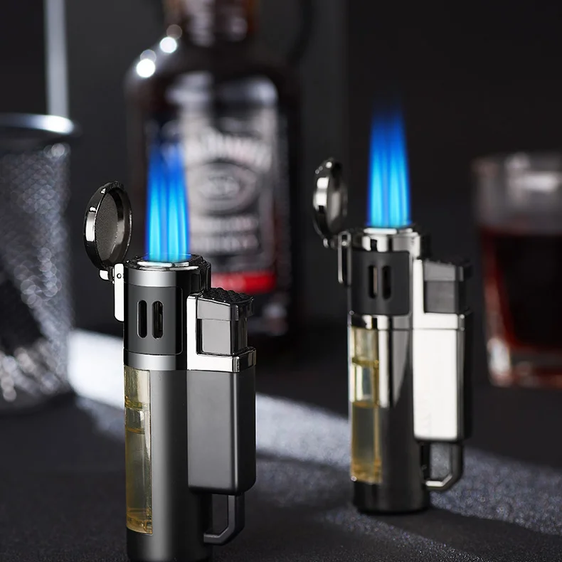 Debang High Quality 4 Jet Cigar Torch Butane Lighters ,Strong windproof blue Flame Gun Butane Welding Torch Lighter for Camping