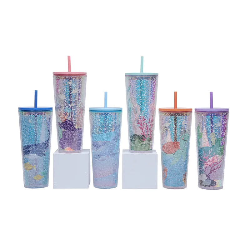 750ml Large Capacity Colorful Double Wall Plastic Tumbler cold cup Straight Cup Design for Camping with straw